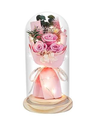 HVY Preserved Flowers Gifts for Her,Preserved Rose Bouquet in Glass Dome,Forever Flowers Fresh Bouquet Present for Women Mothers Day Birthday Gifts for Mom Wife Grandma,Pink Real Rose