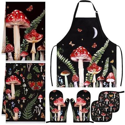 Bencailor 7 Pcs Mushroom Kitchen Linen Set - Durable Polyester Apron, 2 Quick-dry Towels, Oven Mitt & Pot Holders, Aesthetic Cottagecore Decor, Red Mushroom Gifts for Women, Housewarming Gift