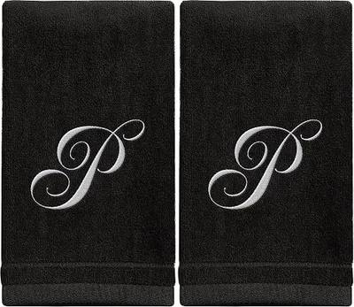 Monogrammed Towels Fingertip, Personalized Gift, 11 x 18 Inches - Set of 2 White Embroidered Towel - Extra Absorbent 100% Cotton - Soft Velour Finish - For Bathroom/ Kitchen/ Spa - Initial P (Black)