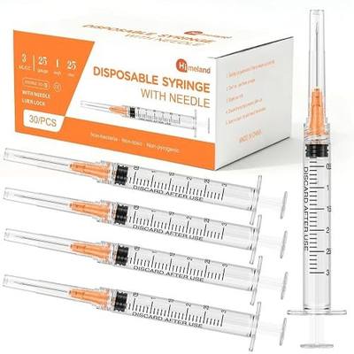 30 Pack 3ml Disposable Syringe with 25Ga 1.0 Inch Needle, Luer Lock Syringes, Individually Wrapped Lab Supplies