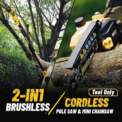 2-IN-1 Cordless 6" Pole Saw & Chainsaw for DeWALT 20V MAX* Battery, Brushless Motor, 7.1 lb Ultra-Lightweight, Auto Oiling, 16.6 FT Max Reach Extension Pole-For Tree Trimming (Battery NOT Included)
