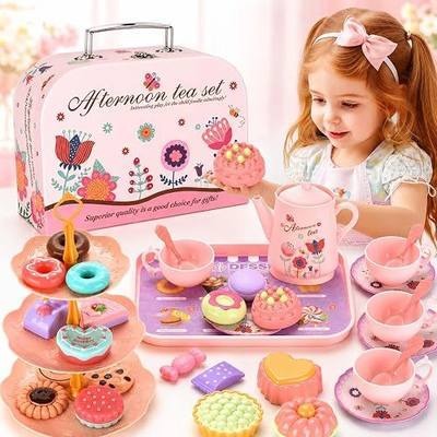 Lajeje Kids Plastic Tea Party Set for Toddlers & Girls Ages 3-8 – Princess Pretend Play Kitchen Toy with Carrying Case, Teapot, Cups, Saucers, Dessert Toys & Tray | Gift for Little Girls Birthday
