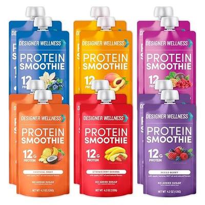 Designer Wellness Protein Smoothie, Mixed Variety Pack, 12g Whey Protein, Real Fruit Smoothie Snack, No Added Sugar, Low Carb, Gluten-Free, Shelf-Stable Protein Pouches with MCT Oil - 12 Pack