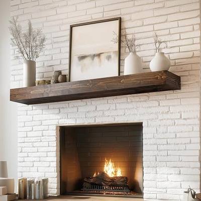 48x8x3in Rustic Fireplace Mantel Pine Wood, Weathered Brown | Hollow Wooden Bracket, Wall Mount Design, Invisible Heavy Duty Support Bracket, Rustic Farmhouse Decor