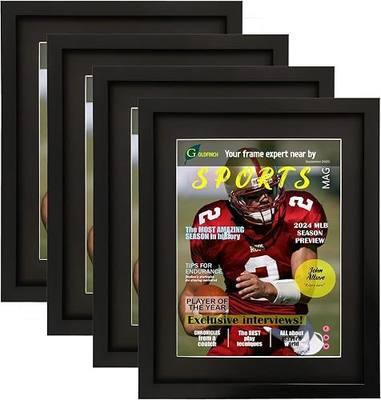 Goldfinch 4 Pack Sports Magazine Frame, Fits 8.5x11.25 & 8.25x11,Black Mats | Deep frame moulding, built-in hangers & double mats. Fits two magazine sizes for sports magazine displays.