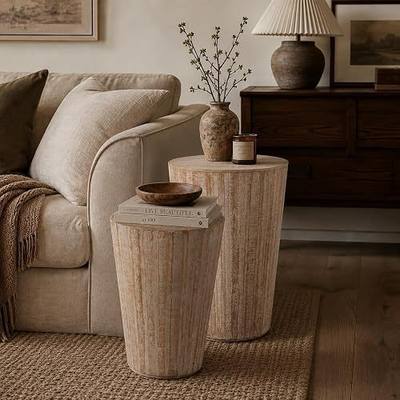 Aoikax Farmhouse Nesting Barrel Side Table, Fully Assembled, Natural | Rustic Space Saving Storage End Table Set, Natural Wood Finish
