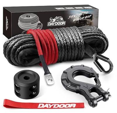 DAYDOOR Synthetic Winch Rope, 1/4 Inch x 50ft 10,000LBS Synthetic Winch Line, Winch Cable for Offroad Vehicle 4WD ATV UTV, Synthetic Rope with Forged Winch Hook and Rubber Stopper (Gray)