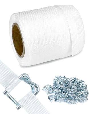 QWORK 3/4" x 250' Woven Cord Strapping Roll with 50 Pcs 3/4" Metal Buckles, Heavy Duty Polyethylene Braided Rope Strap Roll, 2400 lb Strong Break Strength 6" x 3" Core, White