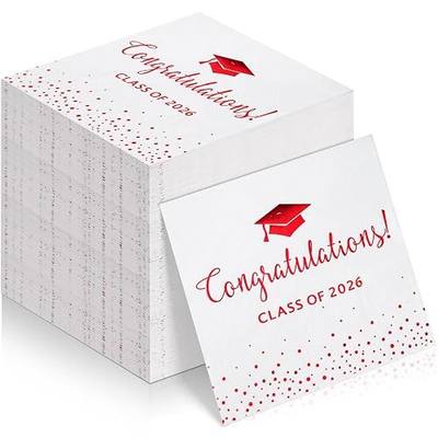 100Pcs Class of 2026 Graduation Napkins, Disposable Congratulation Grad Paper Cocktail Napkins Square Guest Hand Towel for 2026 High School University College Graduation Party Decorations(Red)