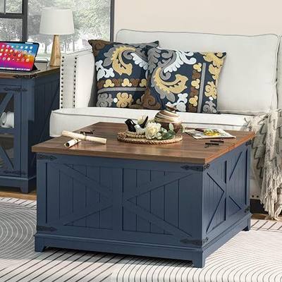 Joaxswe Farmhouse Coffee Table with Hidden Storage Organizer, Modern Square Large Center Table, Wood Farm House Low Navy Blue Living Room Tables with Hinged Lift Top for Home, Office