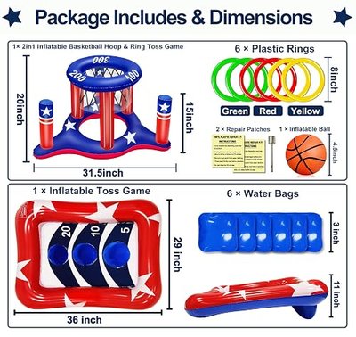 AMENON 2 Set Pool Toys for Adult, 2 in 1 Inflatable Pool Basketball Hoops & Ring Toss Game and Inflatable Pool Cornhole Toys with 6 Bean Bags for Summer Patriotic Outdoor Pool Party