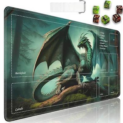 JVGFYNKL TCG Playmat, Magic The Gathering Ultra Pro Playmat with Zones, 24x14 in Non-Slip Rubber MTG Playmat with Drawstring Travel Pouch and 6 Dice, Forest Green Dragon MTG Mat, Card Game Playmats
