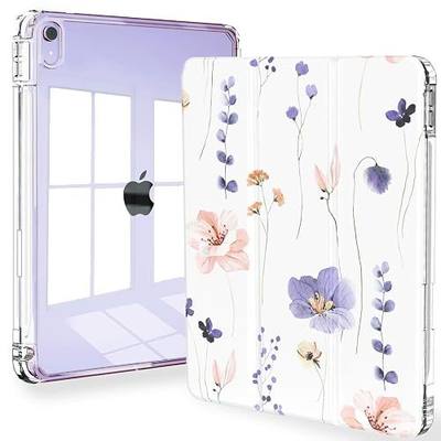 Feams Slim Case for iPad Air 11-inch M4/M3/M2 (2026/2025/2024), iPad Air 5th/4th Generation (2022/2020) 10.9 Inch Case Clear Back with Pencil Holder & Auto Sleep, Purple Flowers