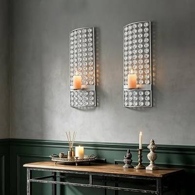 2 Set Glam Wall Candle Sconces for Home Decor Living Room Bedroom Dining Room Metal Bling Crystal Candle Wall Sconce with Diamond Gem Decor - Silver 16.5in/5.9in