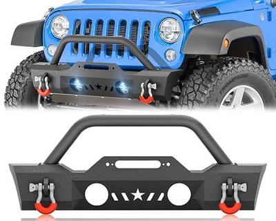 for Gladiator JT & Wrangler JL JK Front Bumper Compatible with 2007-2026 Wrangler JK JKU JL JLU Unlimited and Gladiator JT (2/4 Door) Bull Bar with Winch Plate, OE Fog Light Holes, D-rings