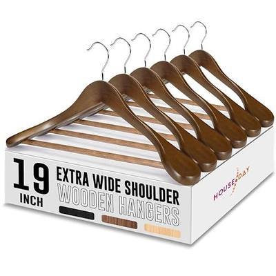 HOUSE DAY 19'' Extra Wide Shoulder Wooden Hangers 6 Pack, Premium Large Wood Suit Hangers with Non Slip Pant Holder, Wide Shoulder Hangers for Suits, Coats, Jackets, Heavy Wide Clothes Hanger, Walnut
