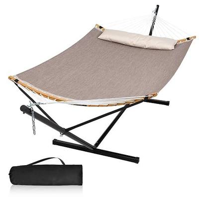 Quick Dry Hammock with Stand and Carrying Bag Included, Brown | Heavy Duty Hammock with 12FT Hammock Stand for Indoor, Outside, Poolside, Patio, 450 Lbs Capacity