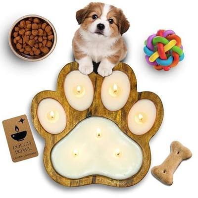 Dough Bowl Candle Co. Pet Odor Eliminator Candle - 11x11x1.5 Scented Soy Candles for Home Scented, 7 Wick Pet Odor Eliminator for Home, White Ocean Beach Decor in Paw Print Shape, Linen Fragrance
