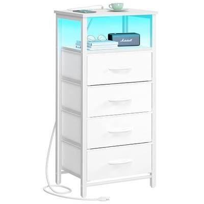 Yoobure Night Stand - LED White Nightstand with Charging Station, Bedside Table with 4 Storage Drawers and Storage Shelf, End Table with USB Ports and Outlets, Tall Nightstand for Bedroom