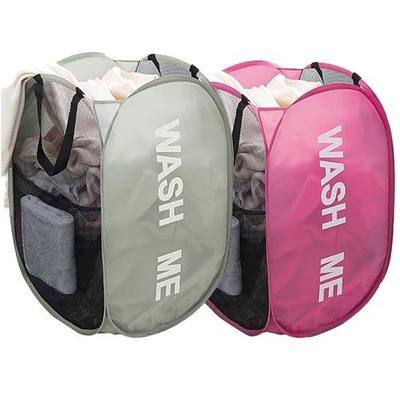 Larpur Pop Up Laundry Baskets, 2 Pack Mesh Laundry Hampers with Handles, Collapsible Clothes Hampers Mesh Basket for Home, Dorm, Travel (Gray + Pink)