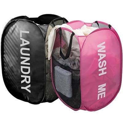 Larpur Pop Up Laundry Baskets, 2 Pack Mesh Laundry Hampers Collapsible Clothes Hampers, Portable Cruise Laundry Hampers for Home, Dorm, Travel (Black + Pink)