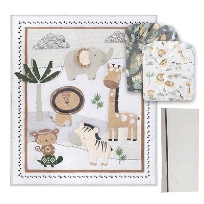 The Peanutshell 4 Piece Organic Cotton Baby Crib Bedding Set for Boys & Girls - Newborn, Infant & Toddler Nursery Bed Set Decor with Two Crib Sheets, Dust Ruffle Comforter - Safari Serenity