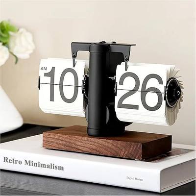 FOSA Flip Desk Clock, Black | Retro Vintage Mechanical, Large Numbers, Silent, Wood Base for Home Office Desk Decor, Living Room, Study Room