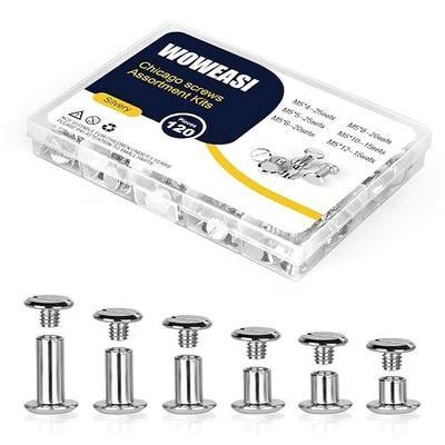 120sets Chicago Screws Kit, 6 Sizes Screw Rivets Silver Chicago Binding Screws for DIY Repair Leather Craft Belt Bag Shoes Purse Bookbinding (M5*4,5,6,8,10,12) (Silver)