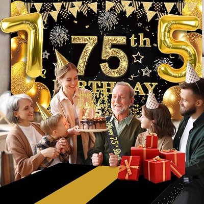 YeohJoy 75th Birthday Decorations for Men Women Black Gold | Luxury 75th Birthday Decorations - Easy Assembly with Banner, Balloons, Table Cloth, Sash, Cake Topper, Candles