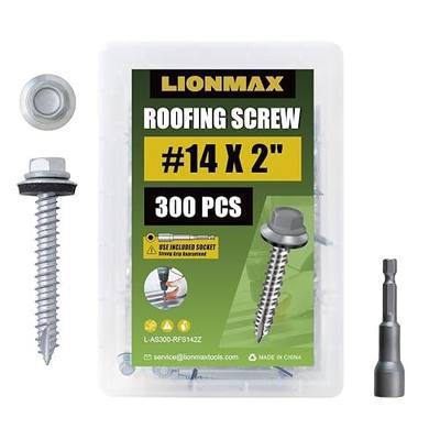 LIONMAX Metal Roofing Screws #14 x 2 Inch, 300-PCS, Rustproof Coating Hex Head Sheet Metal Roof Screws, Rubber Washer, Sharp Point, Metal to Wood Siding Screw, Hex Socket Included