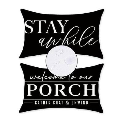 TAJWE Outdoor Pillow Covers Waterproof 12x20 Set of 2 Black and White Decorative Welcome to Our Porch Stay Awhile Cushion Cases for Patio Furniture Sofa Couch Decor