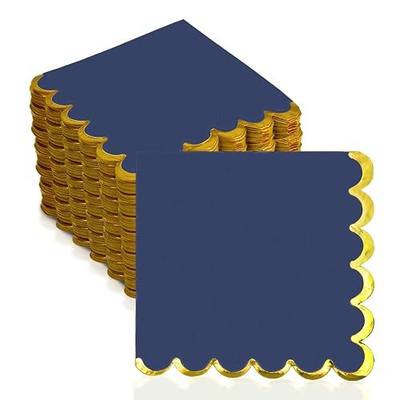 200 Pack Navy Blue and Gold Paper Napkins Scalloped Cocktail Napkins Blue Disposable Beverage Napkins for Birthday Baby Shower Wedding Party Supplies Dinnerware Tableware Decorations