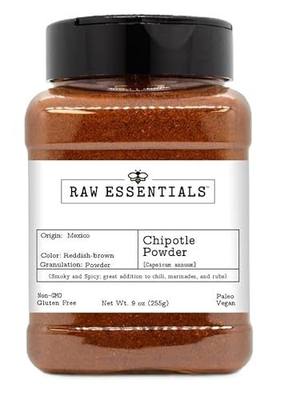 Raw Essentials Chipotle Powder, 9 Ounce Bottle | Smoky and Spicy, Great Addition to Chili, Marinades, and Rubs, Non GMO, Gluten Free, Paleo and Vegan
