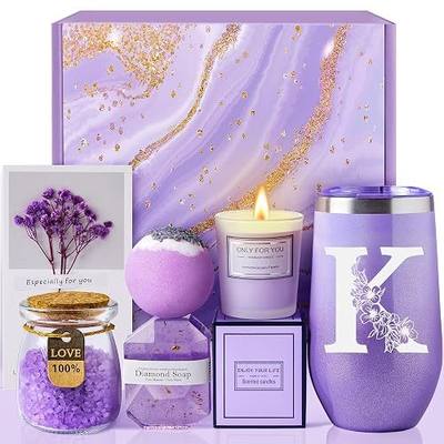 Personalized Gifts for Women, Mom, Wife, Girlfriend, Sister, Friends, Her - Customized Birthday, Christmas, Valentine's Day, Mothers Day Gifts - Initial Lavender Spa Gift Basket Set (K)