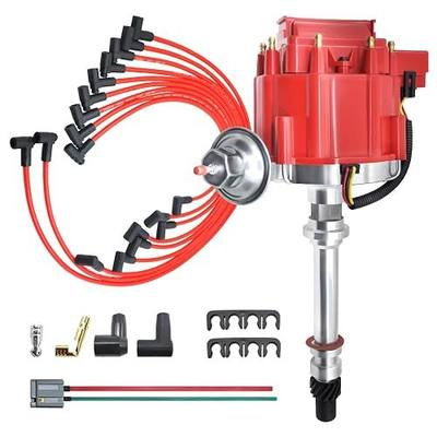 MAS Red Cap Distributor & Spark Plug Wires & Free Tachometer Pigtail Wire Harness Combo Kit Cap and Rotor Compatible with Chevy 305 454 C10 GMC SBC BBC 350 400