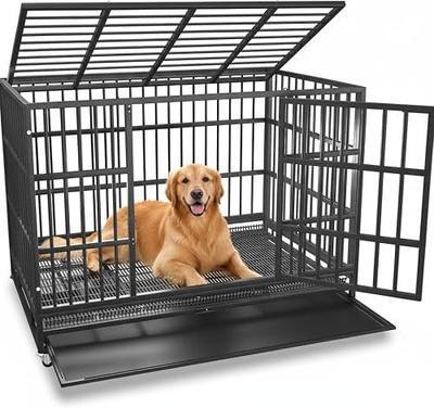 KOKOTANGS 48 Inch Heavy Duty Dog Crate Cage with Wheels, Indestructible and Escape Proof Steel Kennel Indoor for High Anxiety Dogs with Sturdy Locks, Double Door and Tray, Extra Large XL XXL, Black