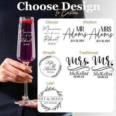 Personalized Wedding Champagne Flutes Set of 2, Mr & Mrs Toasting Glass | Engraved Name & Date Glass for Bride & Groom, Custom Gifts for Couples, Newlyweds, Engagement, Wedding Favors & Bridal Shower