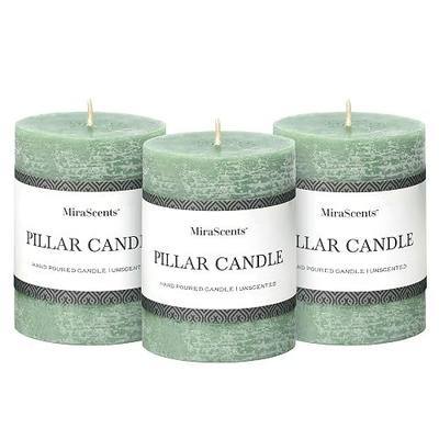 3x4 Inch Sage Green Pillar Candles - Set of 3, Unscented, Long Burning, Smokeless Dripless Candles for Spring Home Decor, Dinner Table, Bathroom, Rustic Decor