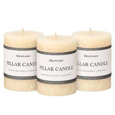 3x4 Inch Ivory Pillar Candles Set of 3 - Hand-Poured Unscented Candles, Long Clean Burning, Large Big Candle, Smokeless Dripless Candle for Dinner Table, Wedding, Home, Bathroom, Rustic Decor