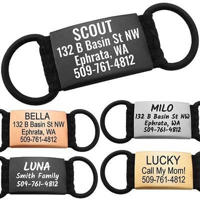 GoTags Silent Personalized Engraved Pet ID Dog and Cat Tag, Jingle Free | Quiet Custom Slide On Steel Nameplate with Elastic, Up to 4 Lines of Custom Text Name and Number (Black, Large)