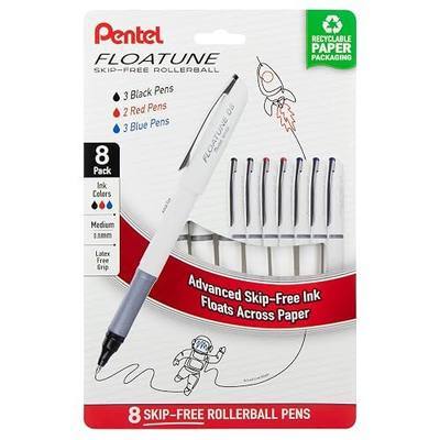 Pentel Floatune Rollerball Pen, (0.8mm), Medium Point, Black/Blue/Red Ink, Pack of 8 pens (BY108PF8OFC)