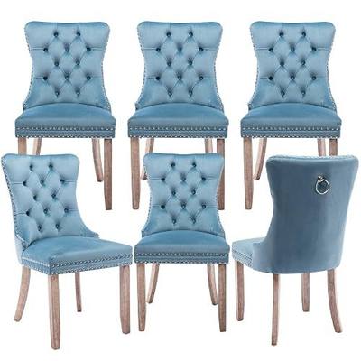 Velvet Upholstered Dining Chairs Set of 6, Modern Style Kitchen Side Chairs with Nailhead Trim and Wood Legs,Metal Pulling Ring for Dining Room Living Room(Sky Blue,Set of 6)