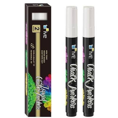 TFIVE White Liquid Chalk Markers, 2 Pack Erasable Chalkboard Markers | Round & Chisel Reversible Tip, Bright Color, Non Toxic, Easy To Use, Chalk Marker for Blackboard, Sign, Window, Mirror, Glass