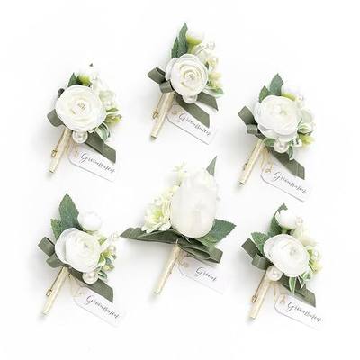 Ling's moment Boutonniere for Men, Wedding Decor, White, 6pcs | Groom Groomsmen, Built-in Pins, for Prom/Homecoming, Artificial Flowers, with Ranunculus Pearl