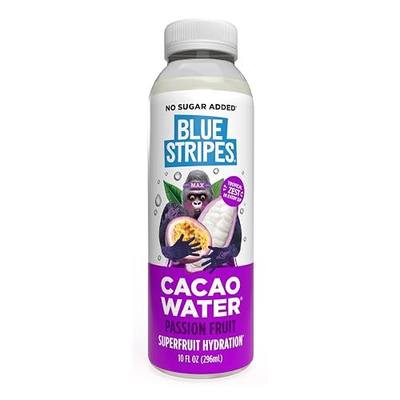 Blue Stripes Cacao Water - Cold Pressed Superfruit Hydration with Electrolytes & Antioxidants, No Sugar Added, All Natural, Great for Protein Shakes & Smoothies - Passion Fruit, 10 FL OZ