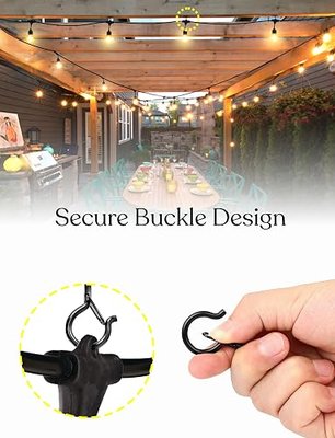 Brightech String Light Screw Hooks - Ceiling Hooks for Hanging Solar, Plug-in Lights, Outdoor String Lights - Q Hooks with Safety Buckle Design for Porch, Patio - 15 Pack, Black, AMB-HKS-15