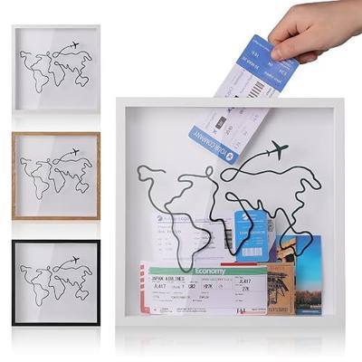 Travel Adventure Archive Shadow Box For Memories,8&12Inch Concert Travel Ticket Stub Memory Top Loading Shadow Keepsake Box With Slot On Top,life In a Shadow Box Travel Frame (White, 8x8)