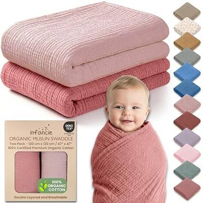 OEKO TEX 100% Organic Cotton 2 PK Baby Muslin Swaddle Blankets Girl 47x47in | Oeko-TEX Certified, Swaddling Blanket, Swaddle Blankets Baby Girl, Muslim Baby Blanket, Rose/Peach, For Baby Girls, Gets