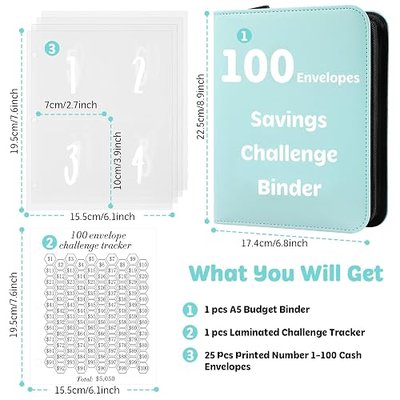 100 Envelopes Money Saving Challenge Binder with Laminated Tracker, Money Saving Challenge Budget Binder with Cash Envelopes, Savings Challenge Book with Zipper to Save $5,050 (Blue)