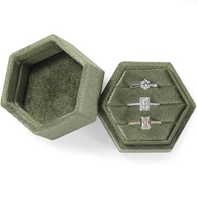 WantGor Velvet Jewelry Ring Box, 3 Slots Hexagon Ring Gift Box Ring Holder | Vintage Ring Display Case for Wedding Ceremony Proposal Engagement (Olive Green)